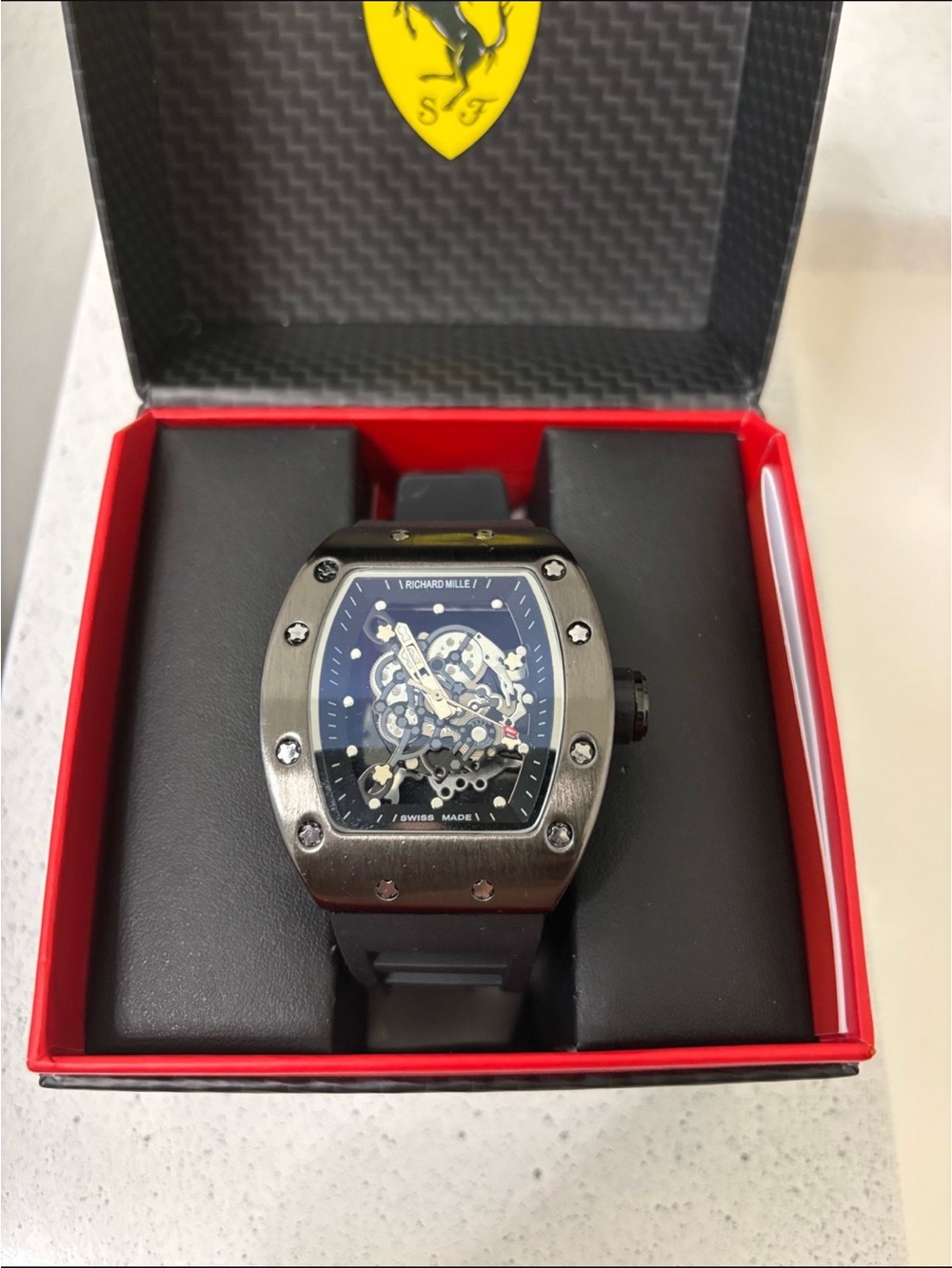 Macy's Men's Skeleton Dial Black Rubber Strap Watch with Silver-Tone Case